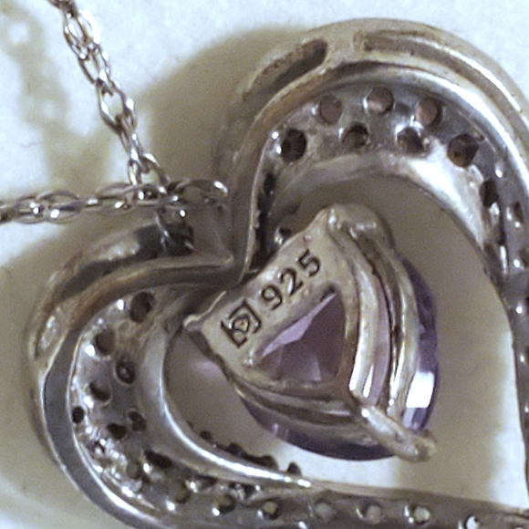 Vintage Heart-Shaped 925 Silver Amethyest Pendant Necklace - Picture 9 of 10
